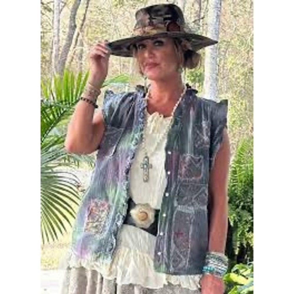 Jaded Gypsy stormy night shirt Boho Patchwork Tie Dye Pinstripe Ruffle Top S/M